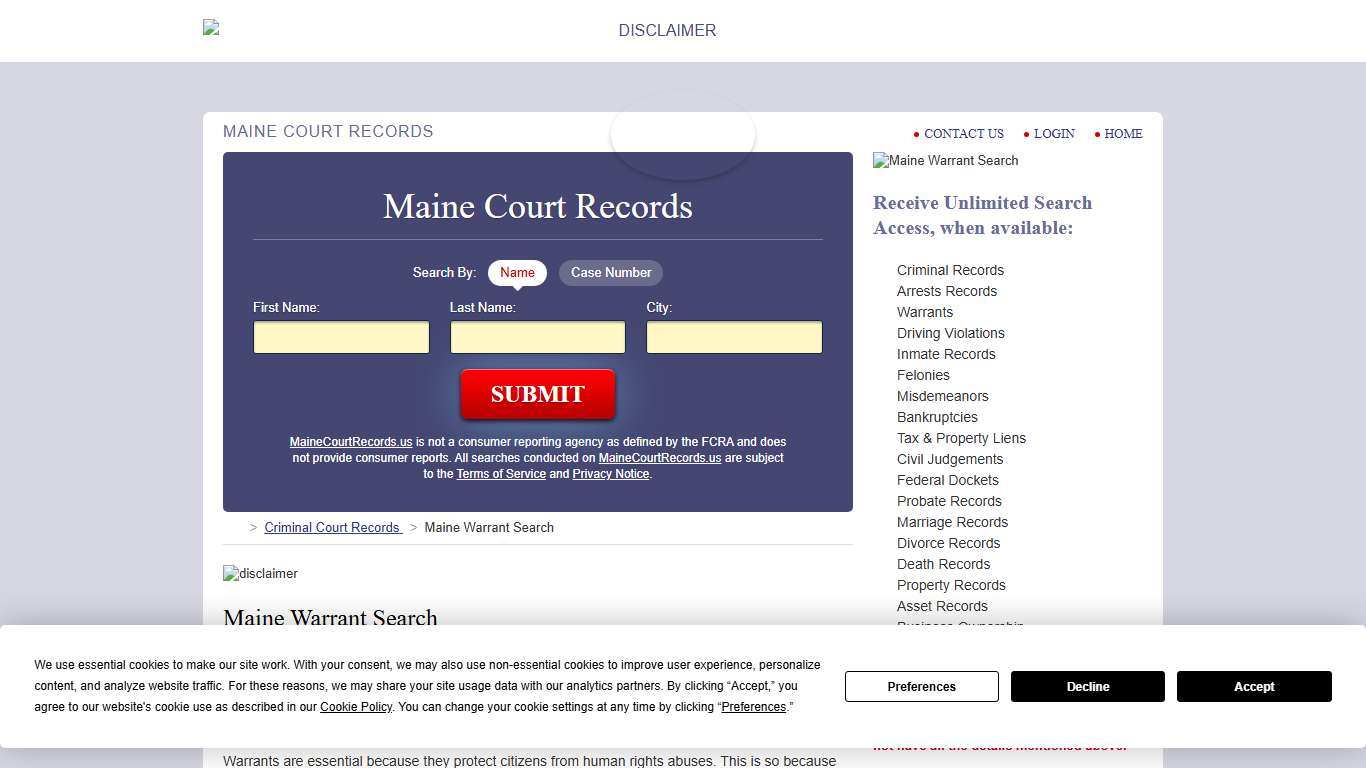 Maine Warrant Search | MaineCourtRecords.us